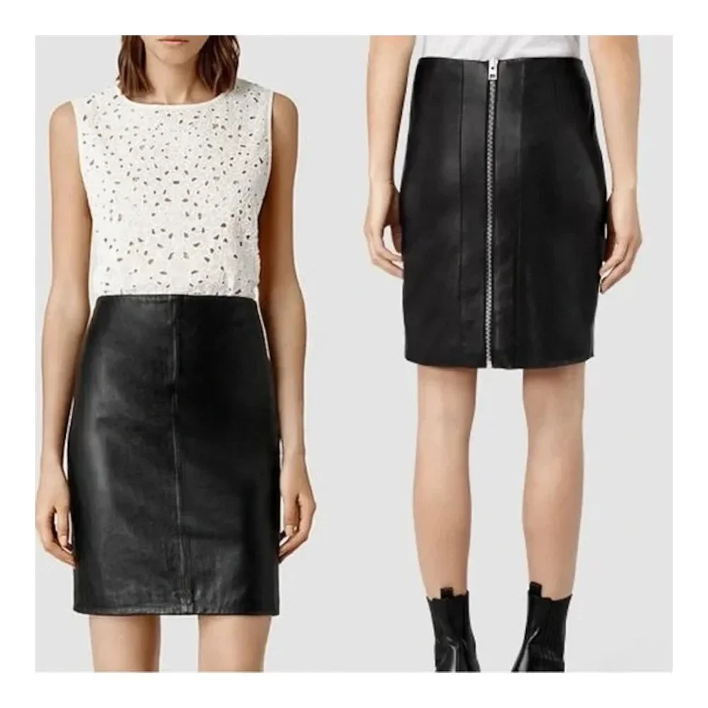 AllSaints Black Leather Pencil Skirt with Back Zip
